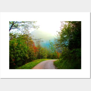 Scenery from Eremo di Soffiano near Sarnano in the Sibillini Mountains with sun and path Posters and Art